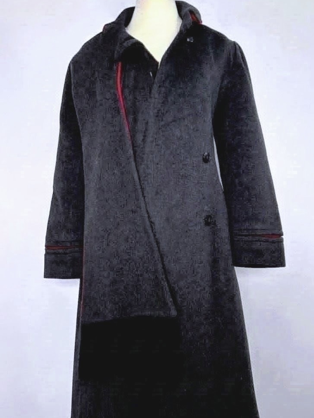 Dark Grey Coat with Subtle Red Trim From American Designer KAREN.